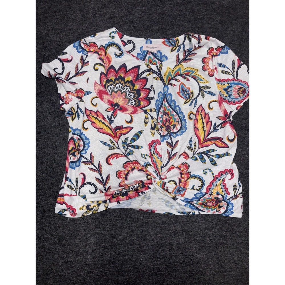 Allison Daley Blouse Top Womens XL Petite Multicolor Floral Knotted Front V Neck